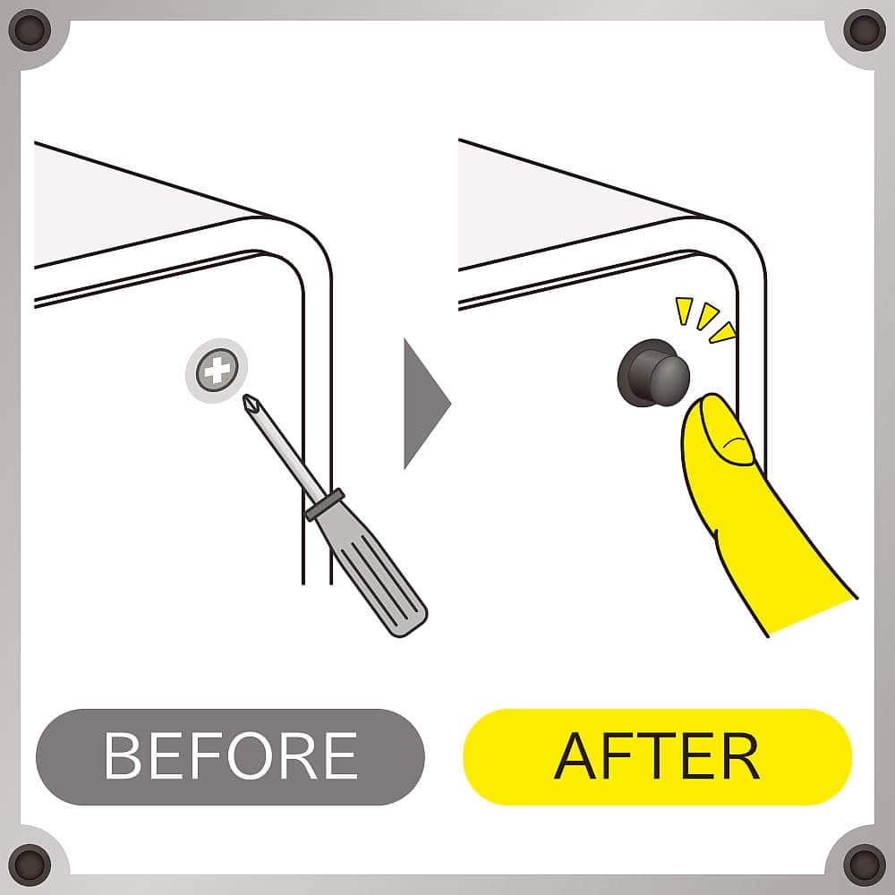 作業時間短縮<br>ねじ止めのようにドライバーなどの工具で回す必要がなく、ワンプッシュでパネルを脱着できます カムロックファスナー 255FT型 小型ボタンタイプ 樹脂製/省スペース仕様 カムロックファスナー