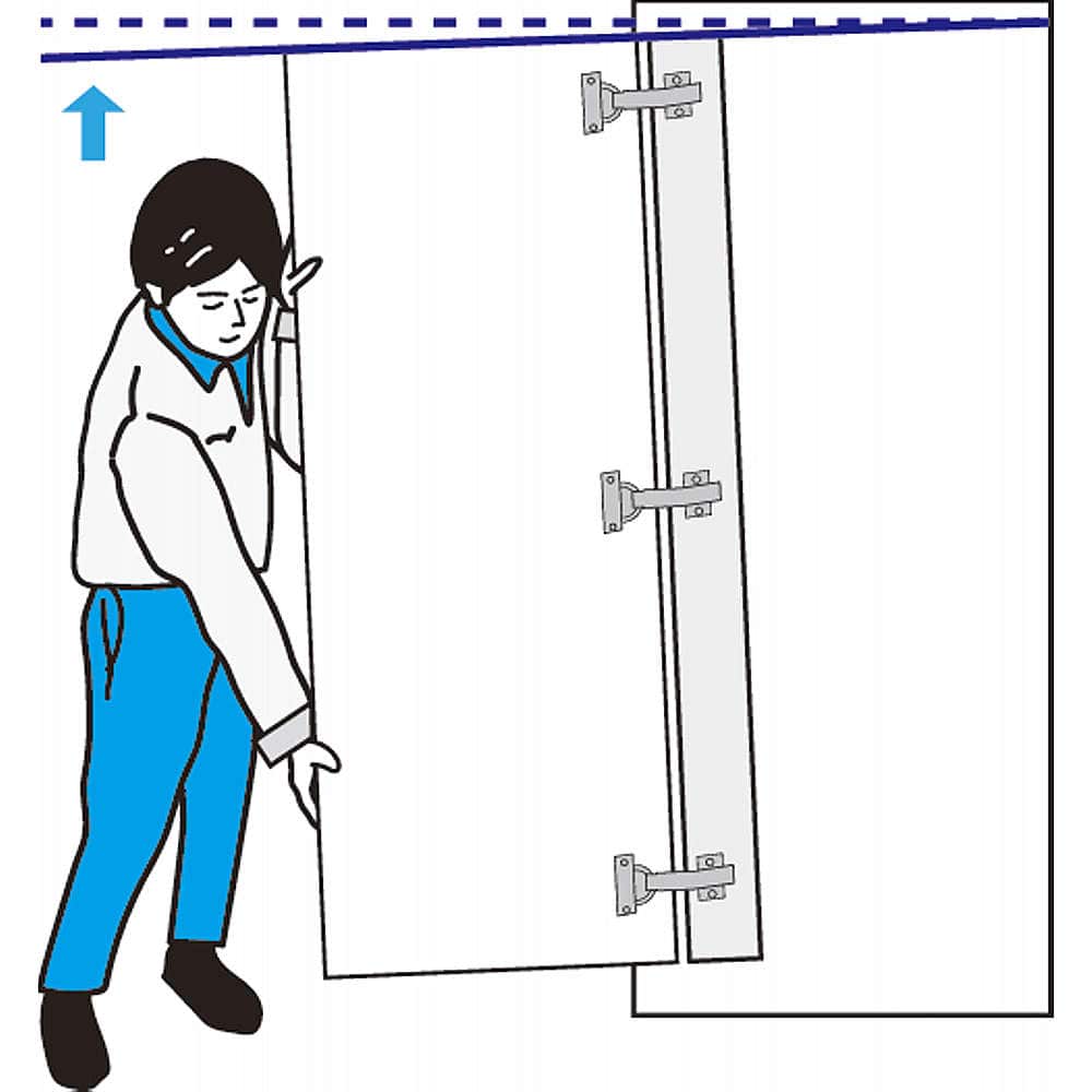垂れ調整が簡単<br>施工時に扉を持ち上げるだけで垂れを調整できます。 垂直収納扉金物 ALT-ST15-D360 インセット仕様/ソフトクローズ・プッシュオープン対応