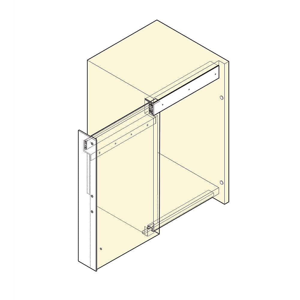 納まり寸法例<br>図は左開き仕様です。右開き仕様は左右対称となります。 オーバーハング引戸金物 OX型